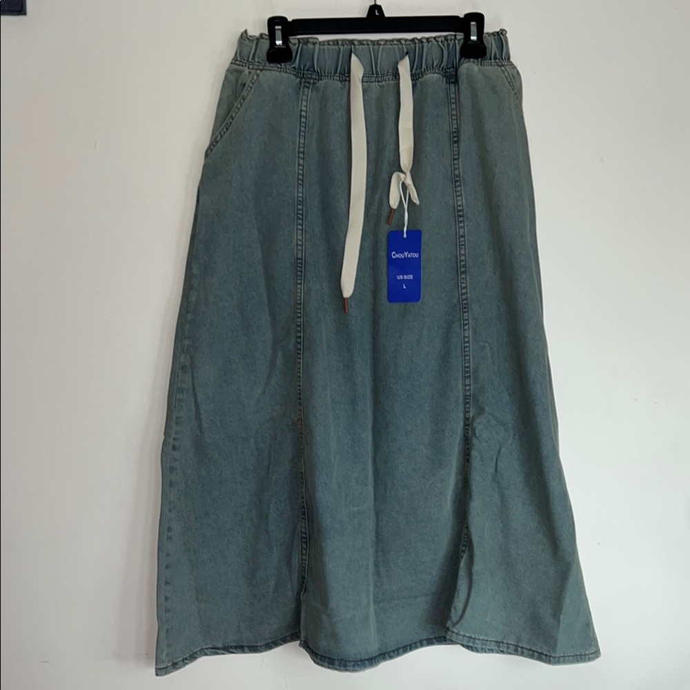 ChouYatou Casual Denim Skirt with Drawstring Waist